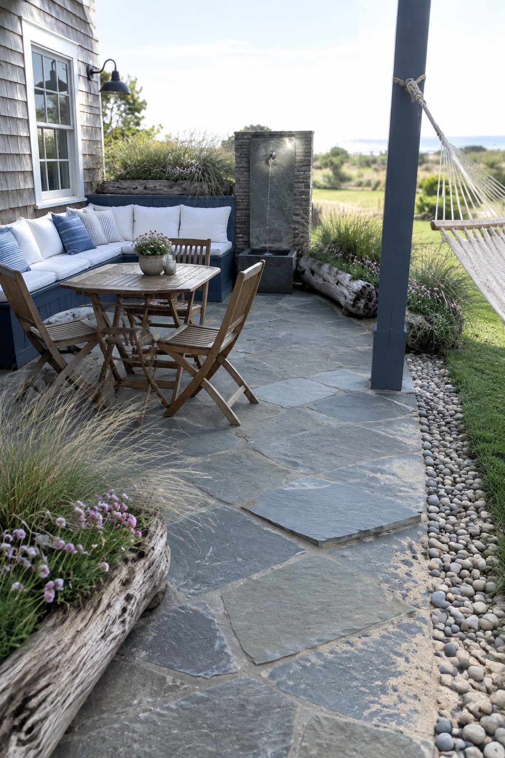 Stone patio with wooden table, chairs, fountain, hammock, and blue cushioned bench