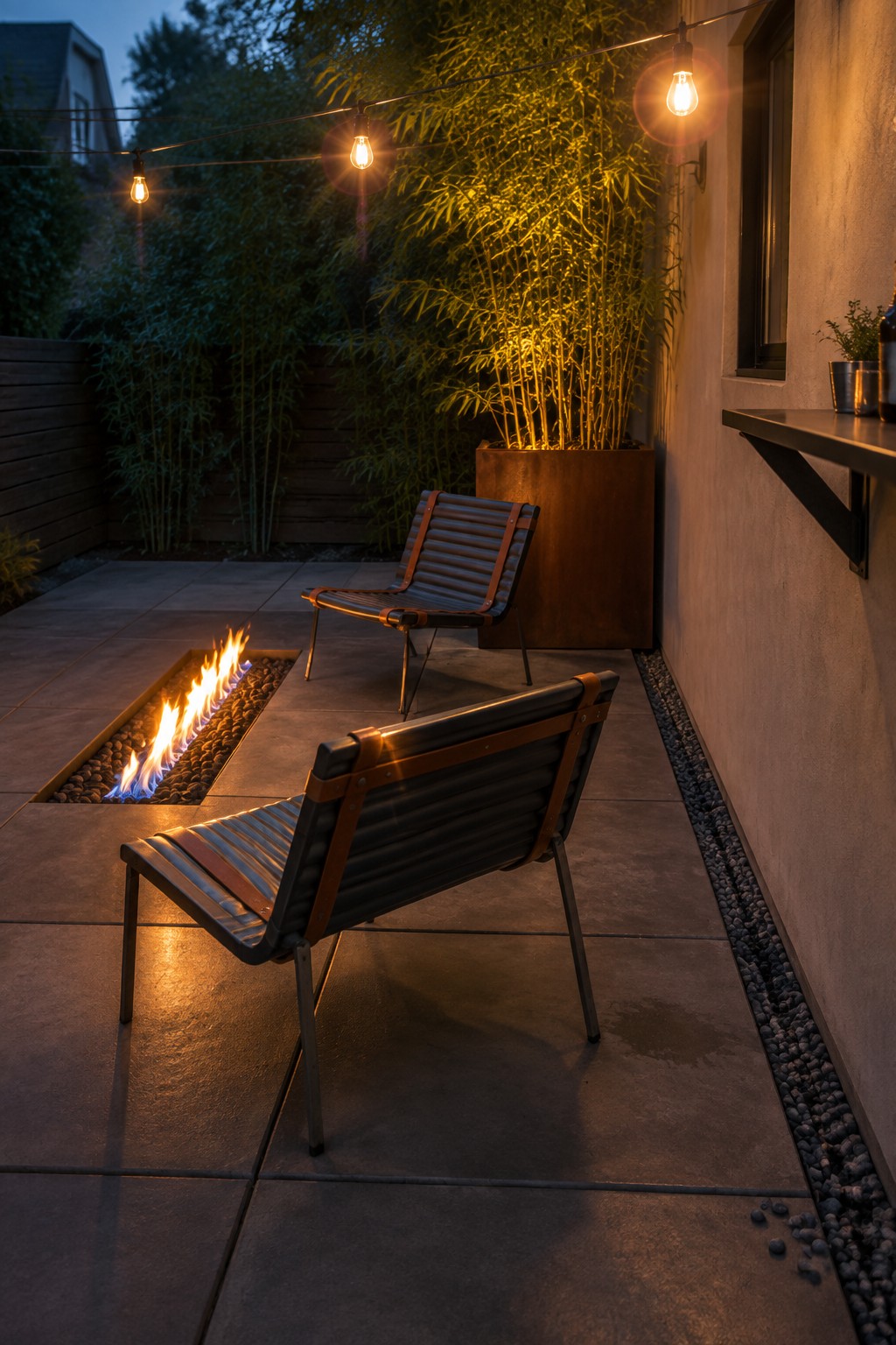 Two modern strap chairs sit on a stone patio beside a rectangular in-ground fire pit with active flames, string lights overhead, and tall bamboo in a large planter nearby.