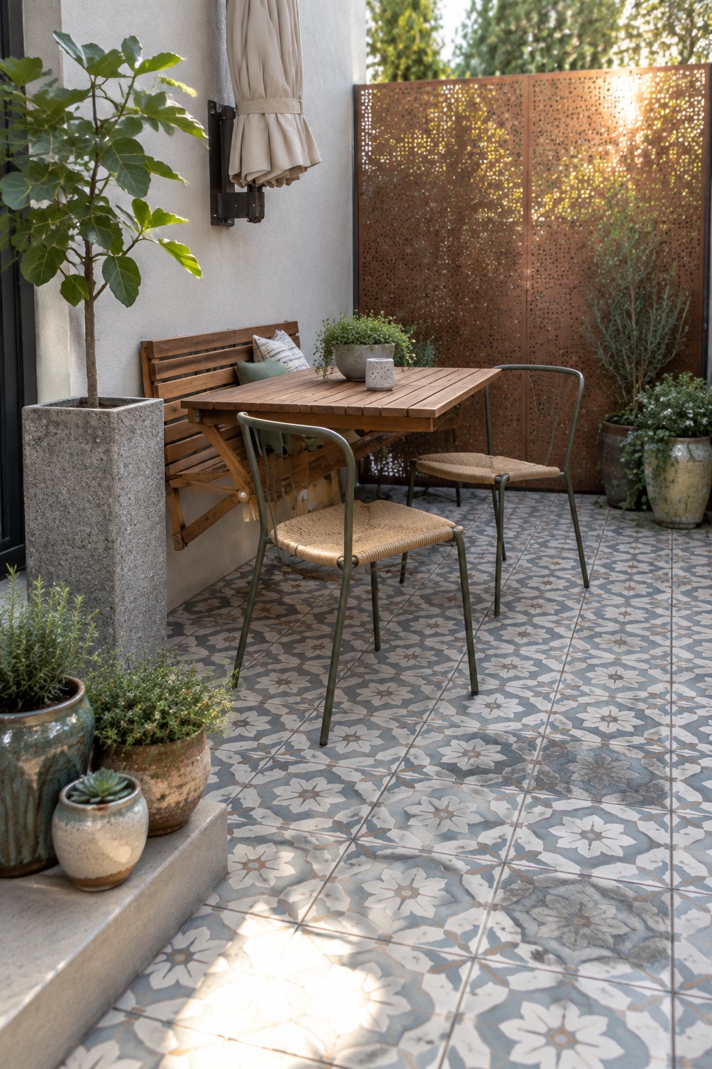 A small patio with a wooden dining table, mixed chairs, a wall-mounted fold-down bench, potted plants, and a large perforated metal screen along the back wall.