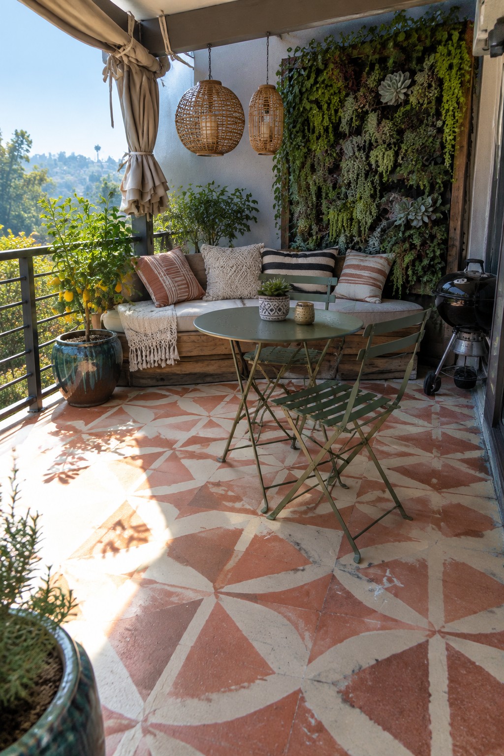 A patio featuring a large vertical garden wall filled with succulents and trailing plants, a round green metal table with folding chairs, a wooden built-in bench with cushions, and patterned terracotta tile flooring.