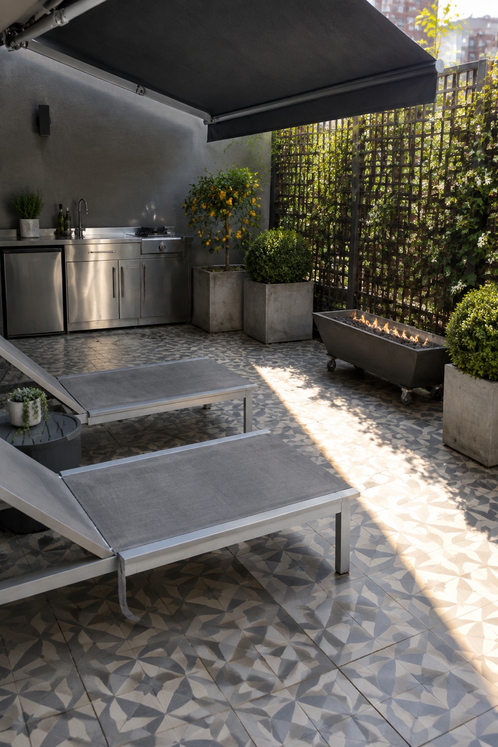 Modern patio with gray lounge chairs, stainless kitchen, fire pit, and potted plants on geometric tiles