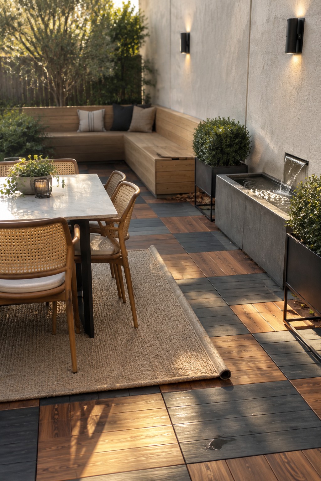 An outdoor patio with an L-shaped wooden built-in bench along a concrete wall, a marble-top dining table with woven chairs on a jute rug, and a long concrete water feature with plants.