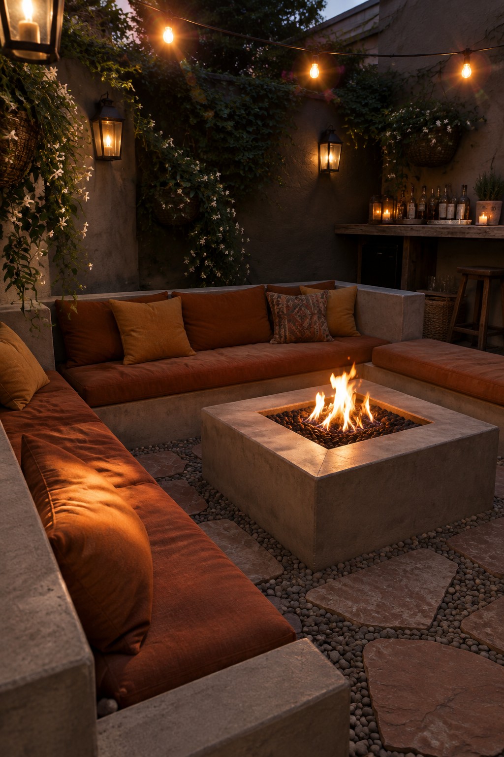 An outdoor patio at dusk with L-shaped concrete seating topped with orange cushions surrounding a square concrete fire pit, illuminated by string lights and wall lanterns.