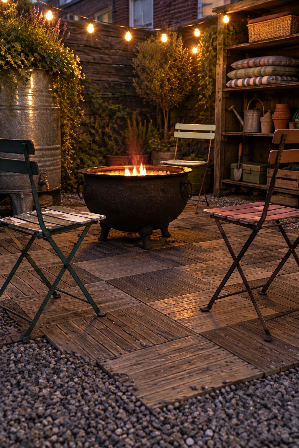 A large metal fire pit with flames sits on wooden deck tiles in a backyard patio, surrounded by folding chairs and string lights.