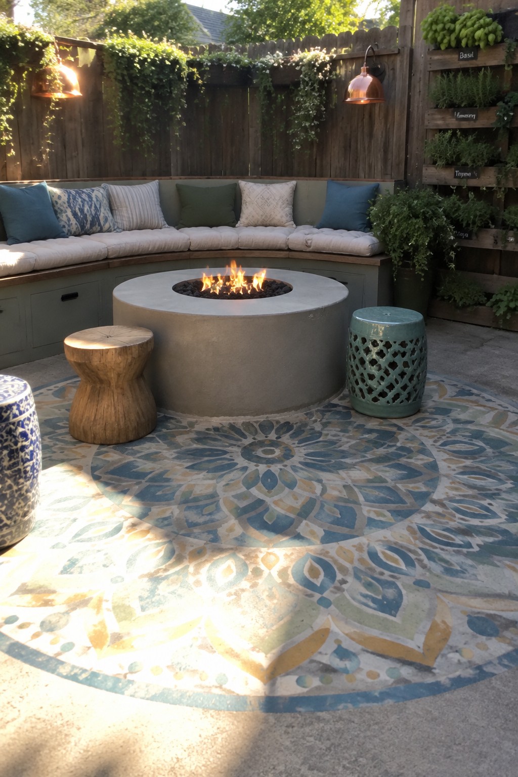 Round concrete fire pit on mandala rug with curved bench, stools and herb wall