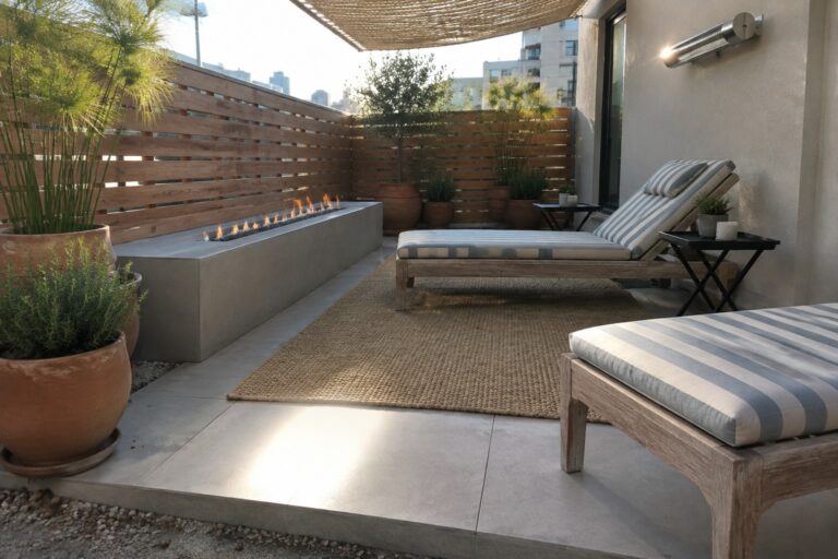 20 Smart Budget Patio Remodel Ideas That Keep the Existing Patio Footprint Modern patio with striped lounge chairs, fire pit, woven rug, and potted plants.
