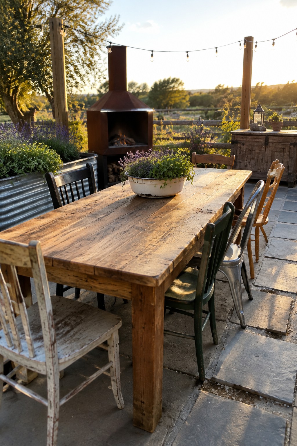 Rustic wooden table with mismatched chairs on stone patio near outdoor fireplace at sunset