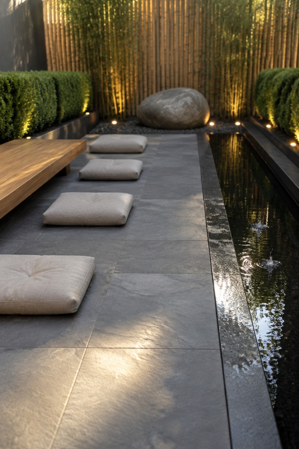 A modern outdoor patio with gray floor cushions arranged on dark stone tiles beside a narrow reflecting pool, a wooden bench, and tall bamboo in the background.