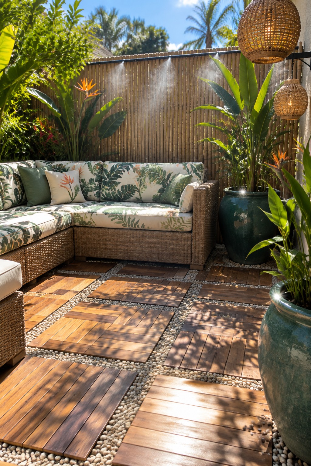 A patio corner with a sectional sofa in leaf-patterned cushions, square wooden deck tiles set into gravel, large green ceramic pots, and a bamboo fence with overhead string lights.