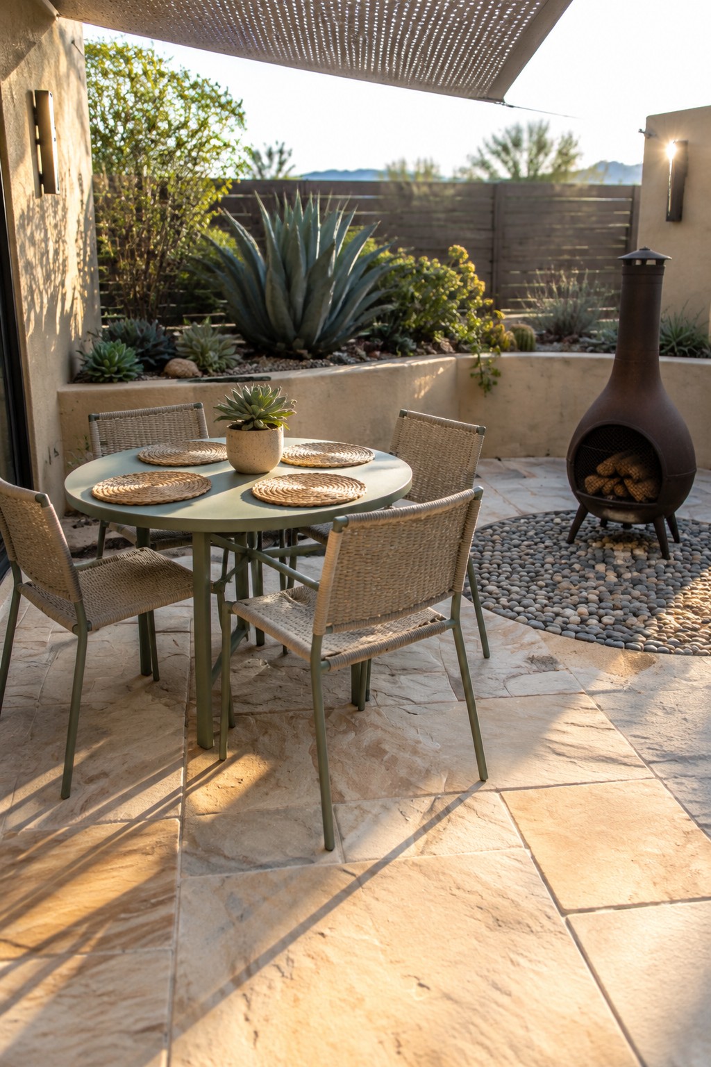 A stone patio with a round green dining table and four woven chairs next to a metal fire pit on a circular pebble base.