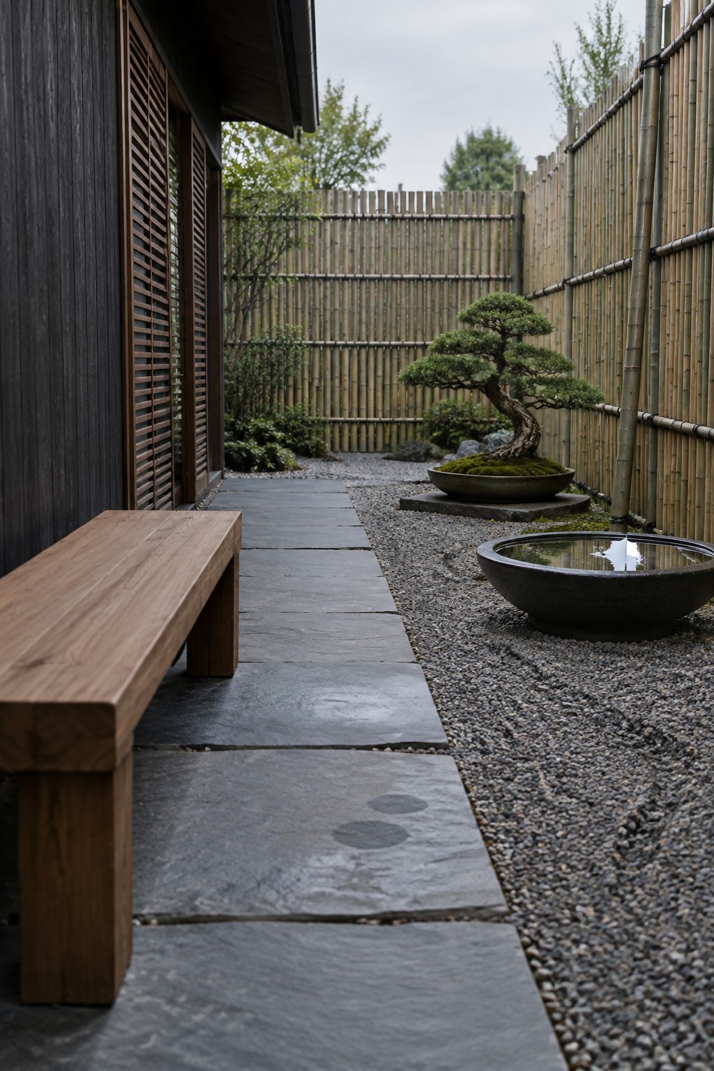 A stone slab path runs alongside a tall bamboo fence in a gravel garden area with a potted bonsai tree and a stone water basin.