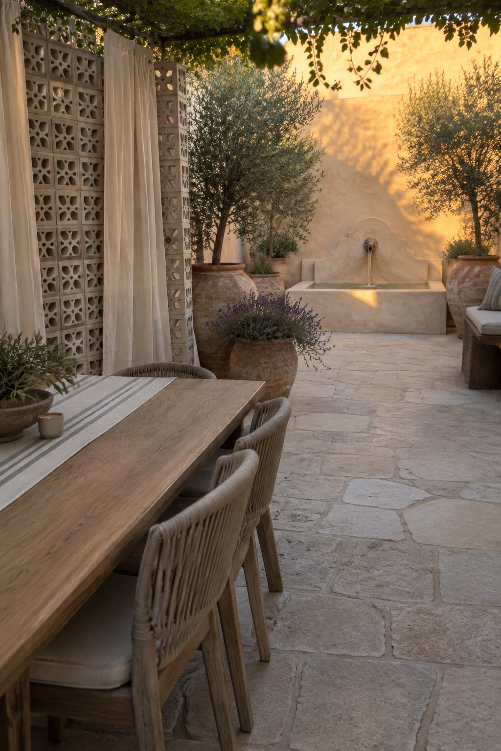 A stone patio with a wooden dining table, woven chairs, large terracotta pots holding olive trees and lavender, a decorative concrete block screen with a white curtain, and a wall fountain in the background.