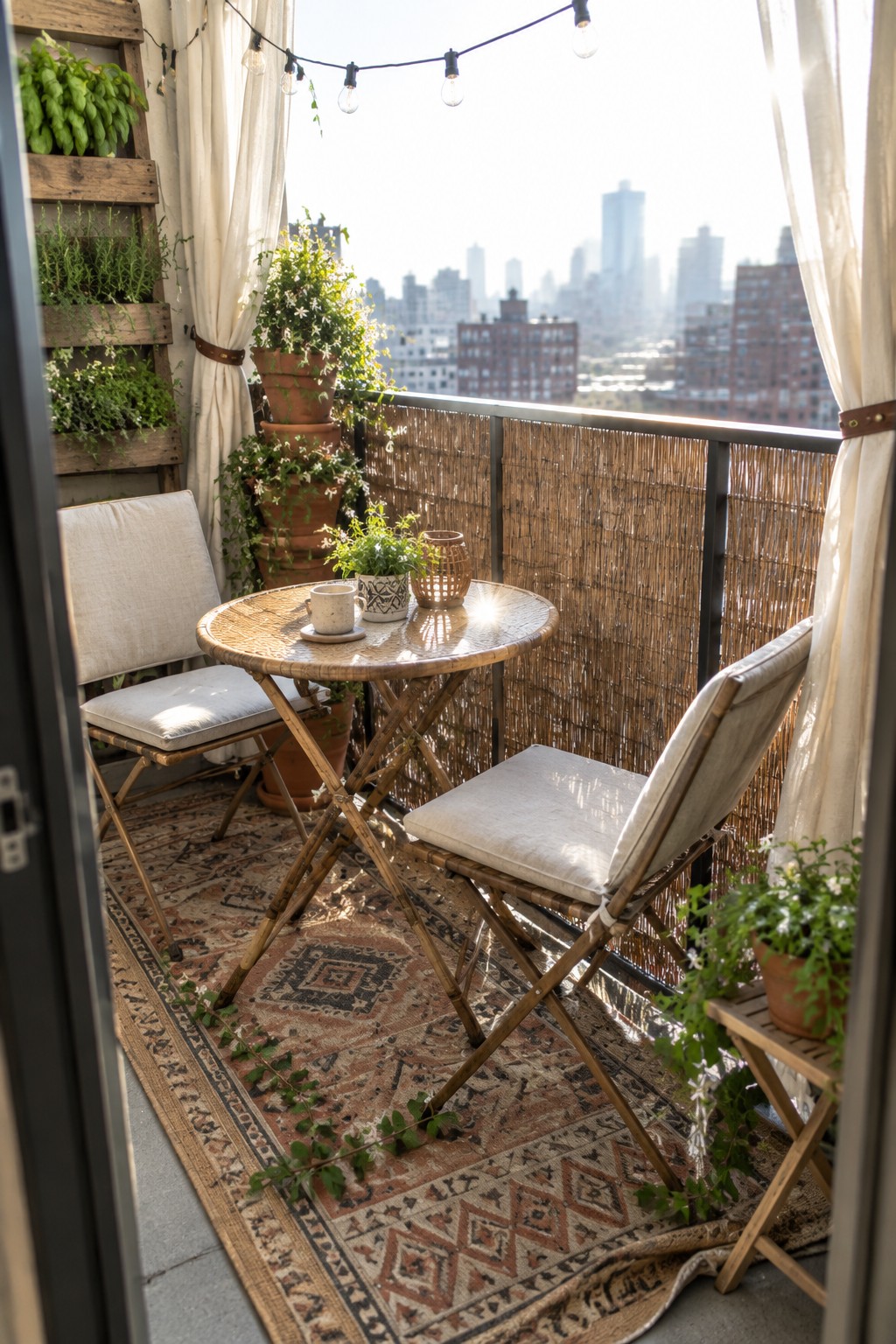 Cozy balcony with bamboo table, cushioned chairs, patterned rug, plants, and city skyline.