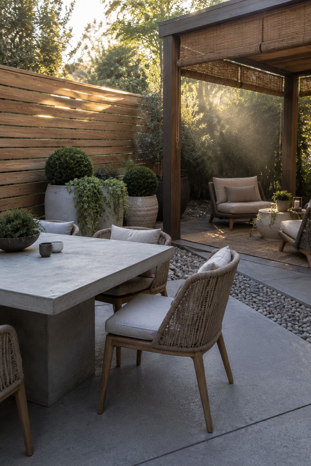 An outdoor concrete dining table with woven chairs sits on a patio beside a wooden fence lined with large potted plants, with a pergola and bamboo blinds visible in the background.