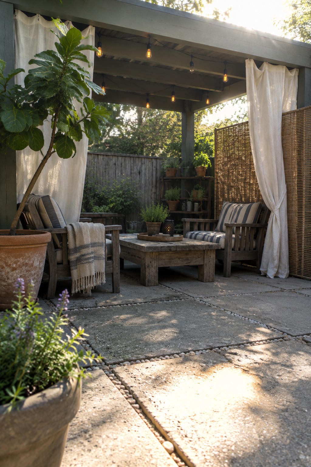 A paved patio with wooden armchairs, a coffee table, white curtains tied back on both sides, string lights overhead, and several potted plants.