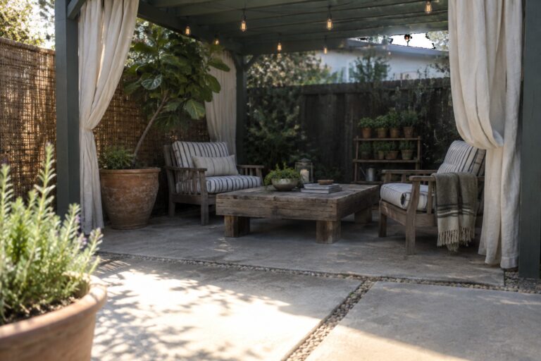 A paved patio with wooden armchairs, a coffee table, white curtains tied back on both sides, string lights overhead, and several potted plants.