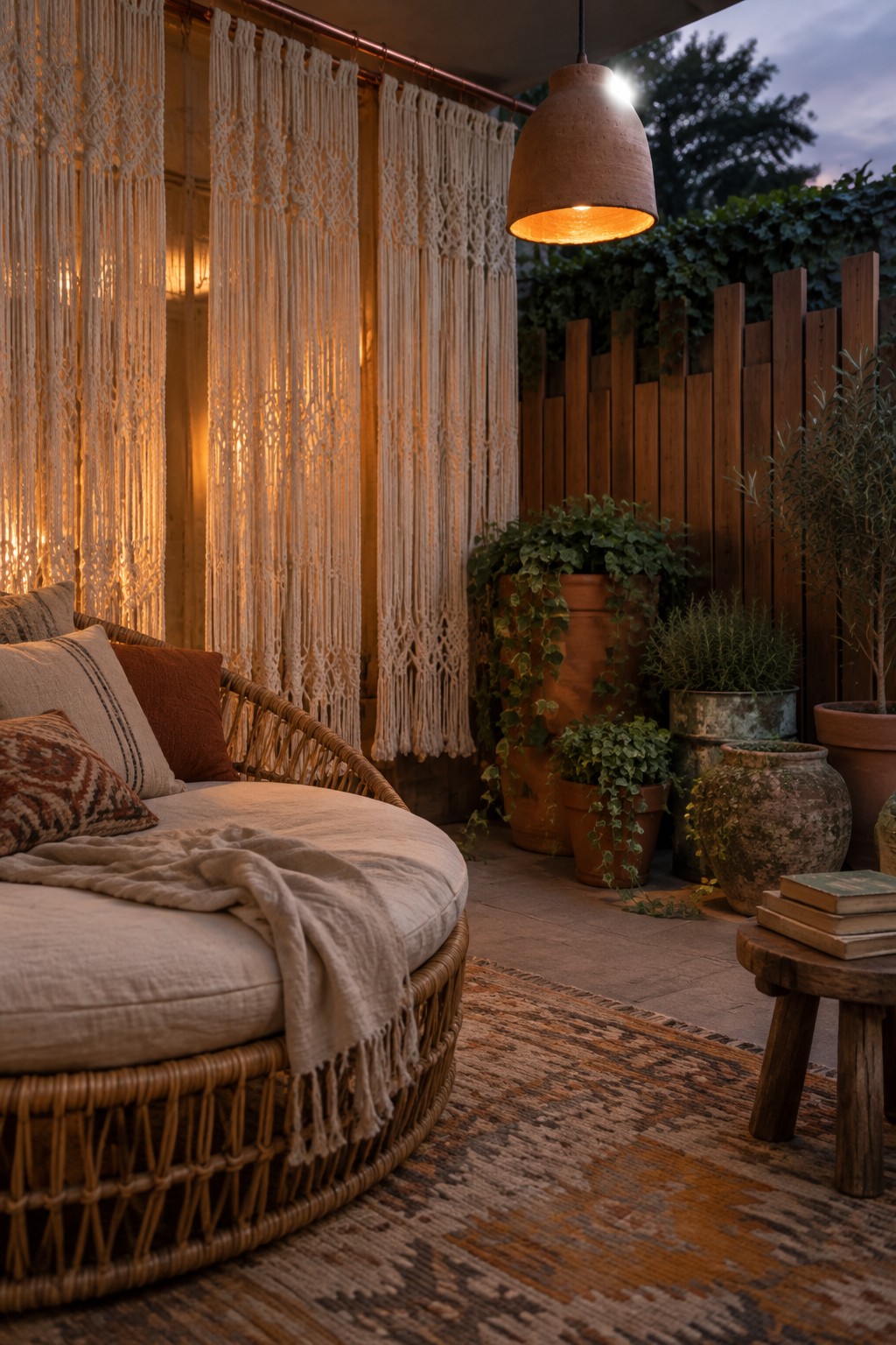 A round wicker daybed with cushions sits on a patterned rug under hanging macrame curtains, with potted plants and a wooden fence visible in the background.