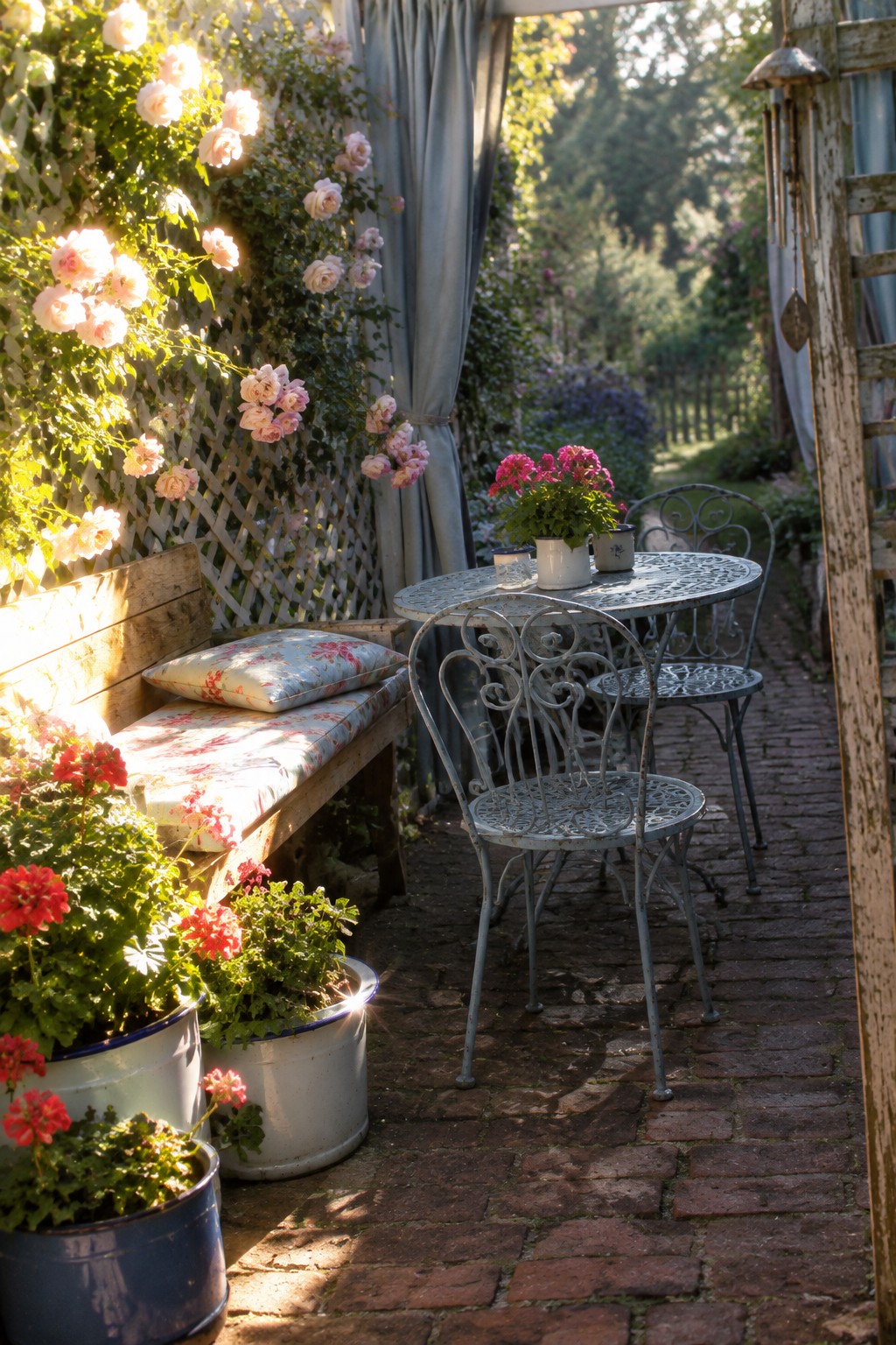 Garden patio with pink climbing roses, wooden bench, potted geraniums, and ornate metal table set