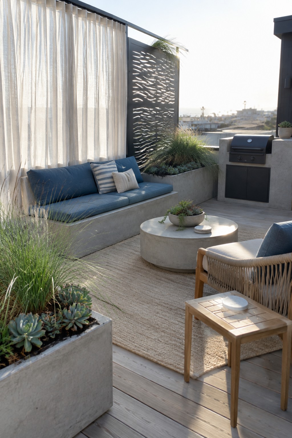 A modern rooftop patio with a built-in concrete bench, blue cushions, a round concrete coffee table on a woven rug, a black barbecue grill, and privacy created by white sheer curtains paired with a dark decorative metal screen and multiple concrete planters with grasses and succulents.