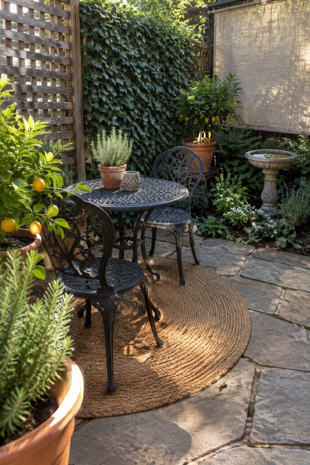 Outdoor patio with a round metal table and chairs on a round woven rug, surrounded by potted plants, a fabric screen, and a stone birdbath on a flagstone surface.