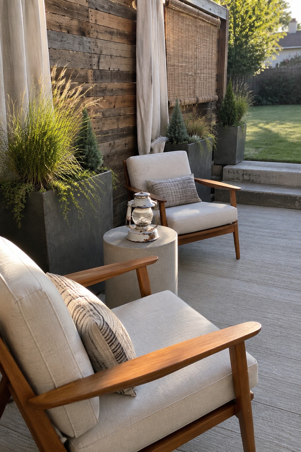Outdoor patio with two light-colored wooden armchairs, a round concrete side table holding a lantern, large gray planters with tall ornamental grasses and small evergreen trees, and a wooden wall with a white curtain and bamboo blind.