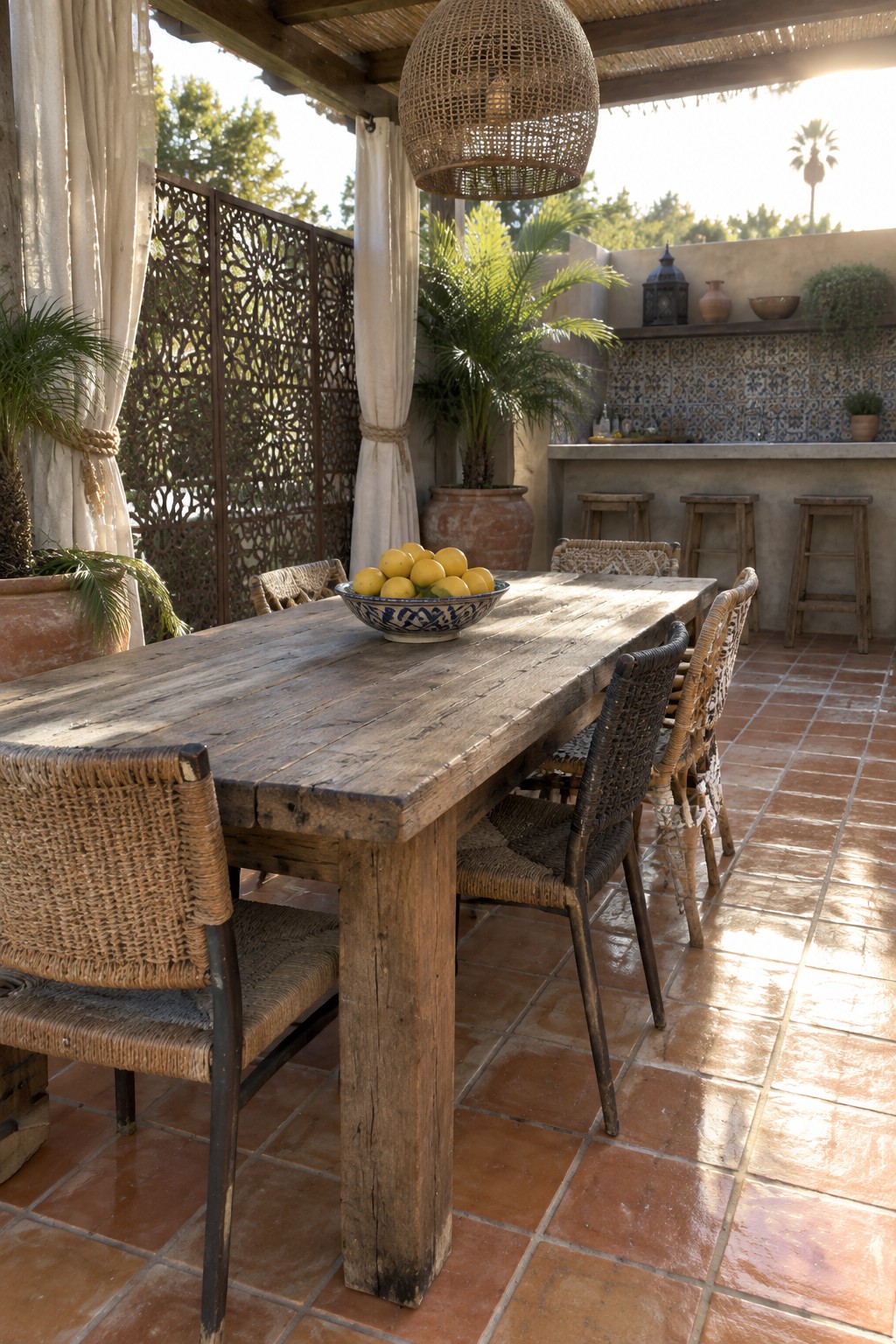 Rustic wooden table with woven chairs and lemon bowl on sunny terracotta patio