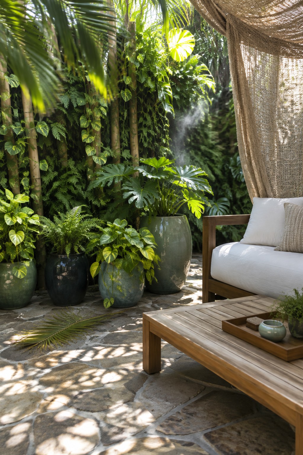 An outdoor patio with stone flooring, a wooden sofa with white cushions, a coffee table, multiple potted plants, a living green wall, and a hanging burlap curtain on the right side.