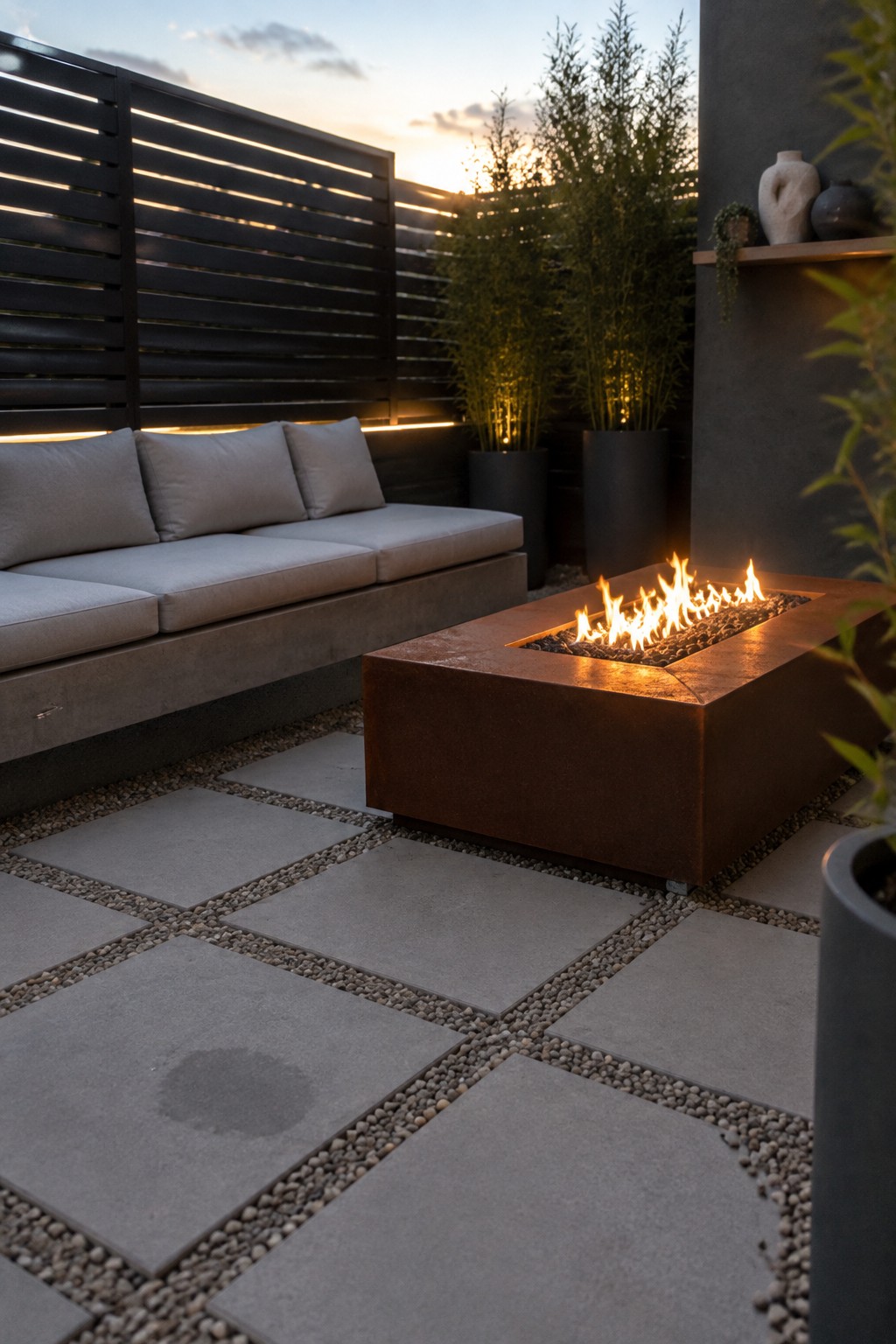 An outdoor patio at dusk shows a modern fire pit with flames, a gray cushioned sofa against a dark horizontal slat screen, and several tall potted plants in large containers.