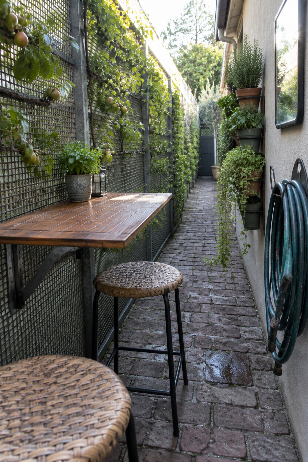 Narrow brick alley with wooden table, woven stools, potted plants, and coiled hose
