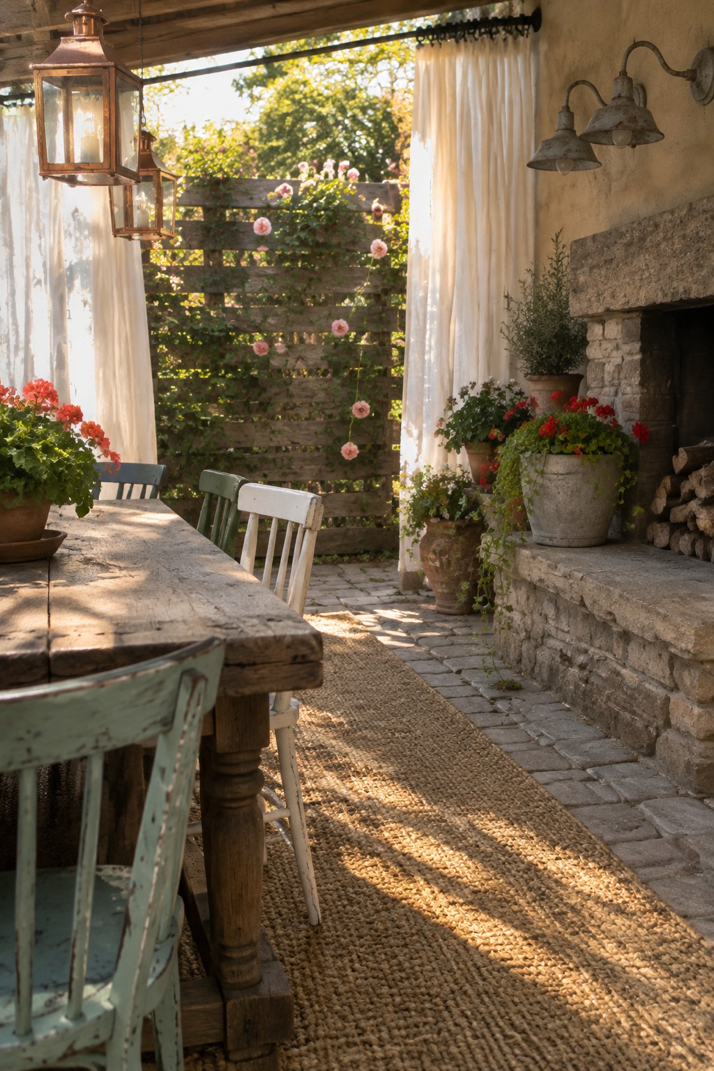 Rustic wooden table with distressed chairs on sunny patio amid red flowers and lanterns.
