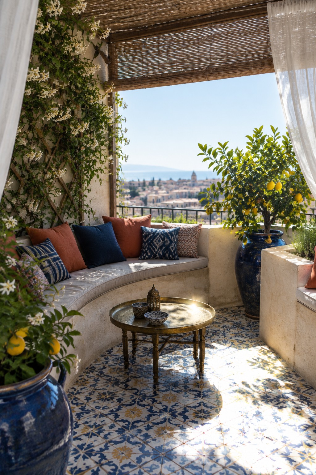 Sunny Mediterranean terrace with blue tiled floor, colorful cushions, lemon trees and sea view