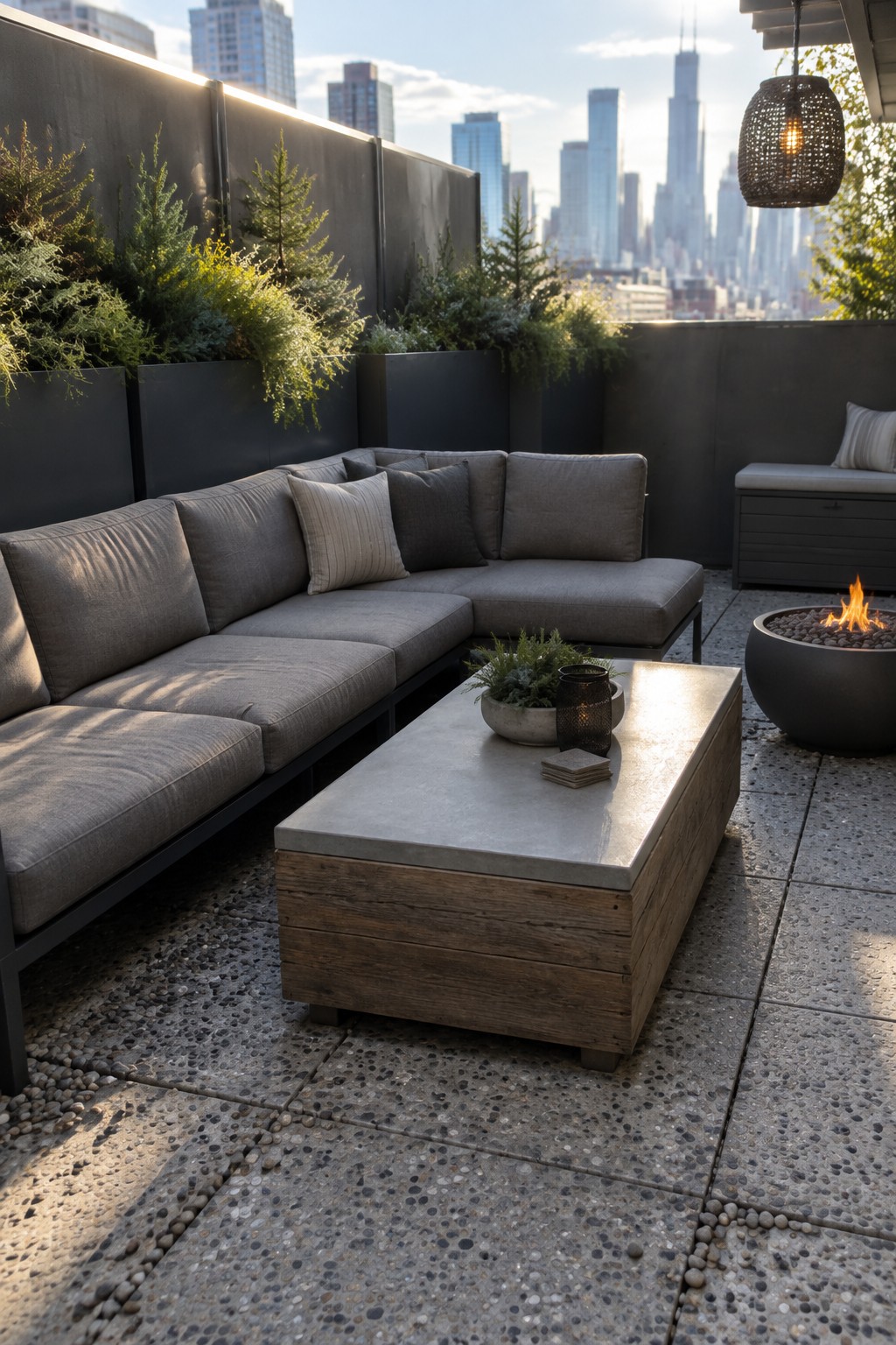 Rooftop patio with gray sectional sofa, wooden coffee table, round fire pit, and tall dark planters filled with mixed green shrubs along the back wall overlooking a city skyline.
