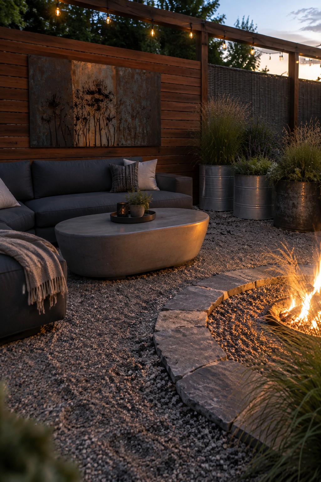 Modern patio at dusk with fire pit, gray sectional sofa, concrete table, and string lights