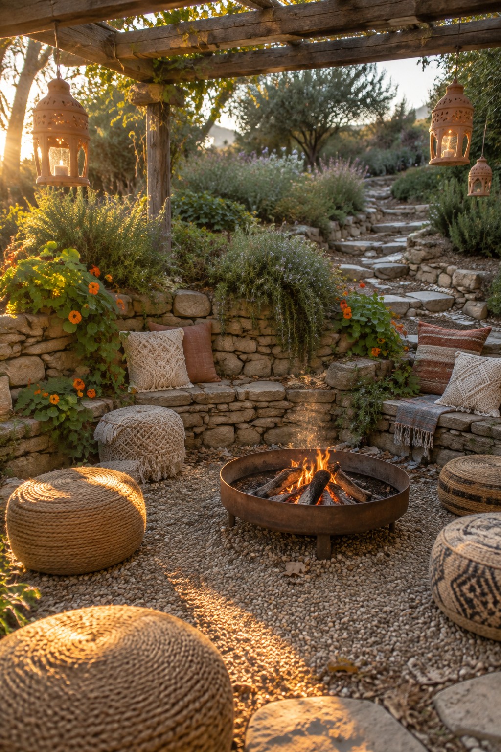 Cozy fire pit encircled by woven poufs on gravel patio with hanging lanterns and stone walls.