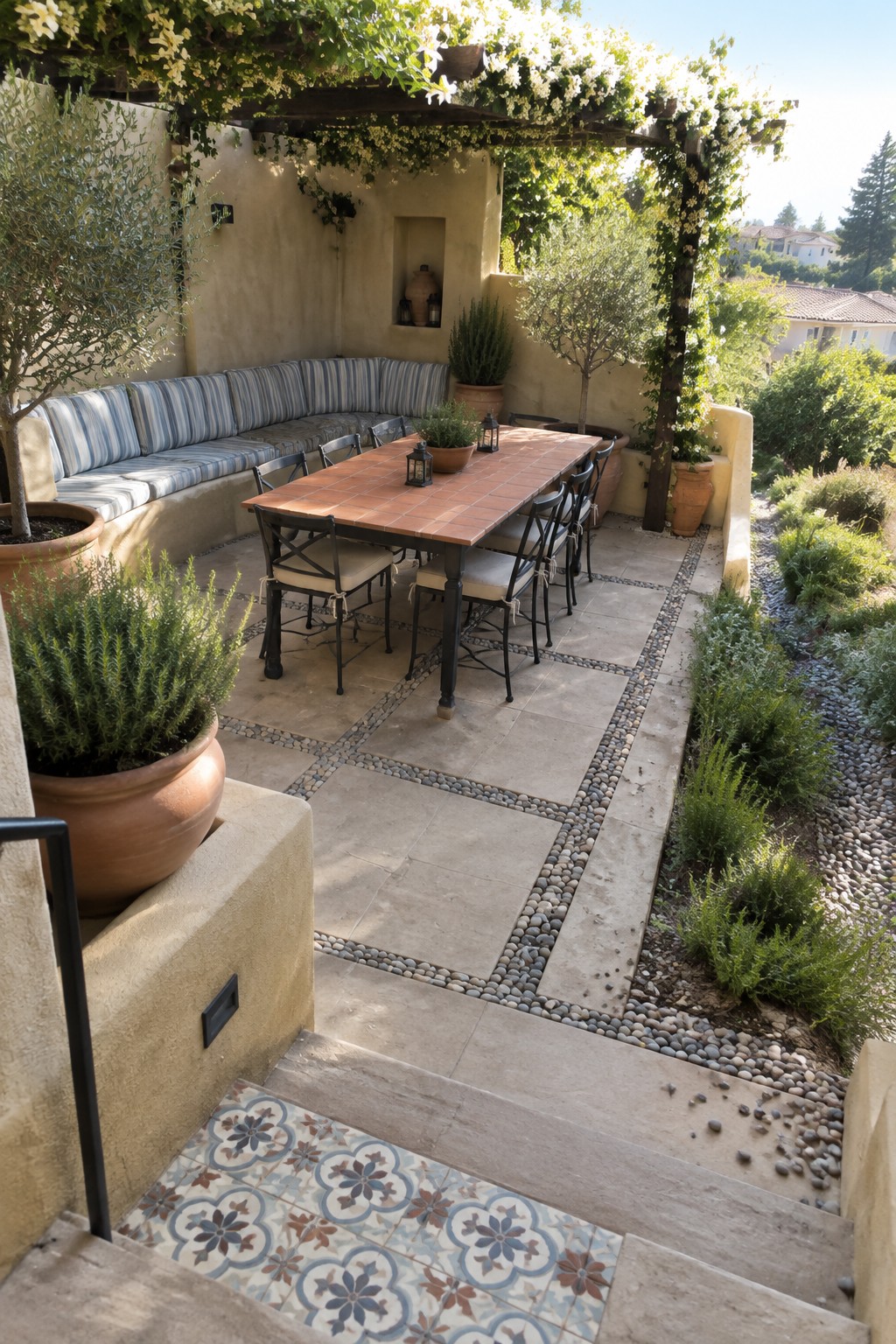 A stone patio with built-in bench seating along a stucco wall, a rectangular dining table with chairs, terracotta pots, and steps leading up to the space.