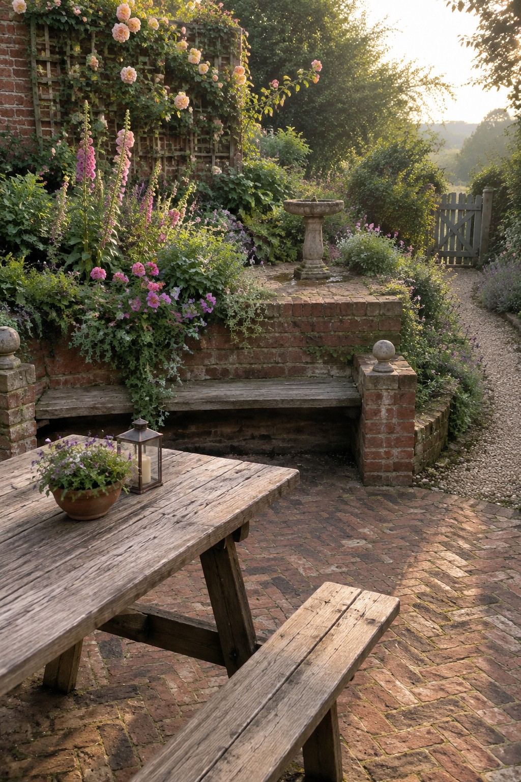 A brick retaining wall with an integrated wooden bench on a brick patio, next to a wooden picnic table, with flowering plants along the wall and a gravel path nearby.