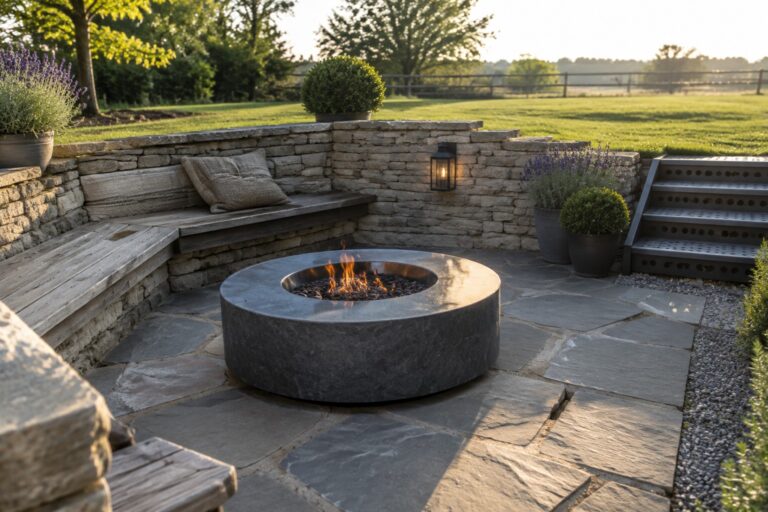 A circular stone fire pit with a surrounding patio and built-in wooden benches set against a low stone retaining wall on a sloped yard.
