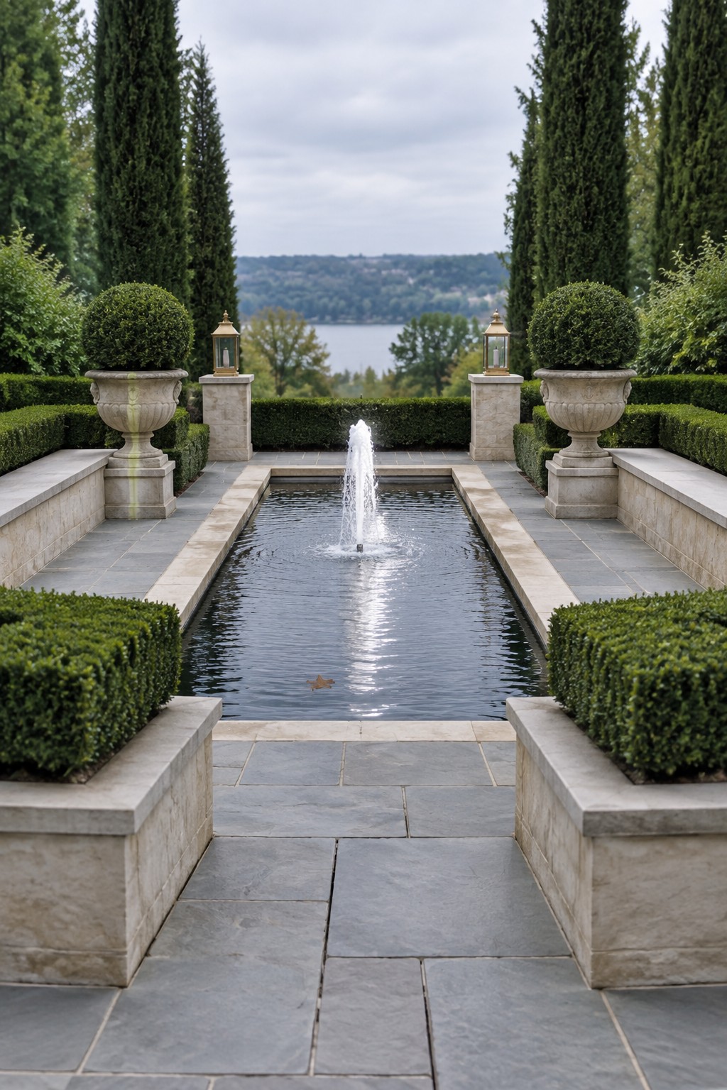 A long rectangular reflecting pool with a central fountain sits between stone paths, flanked by large stone urn planters on pedestals, clipped boxwood shrubs, and tall evergreen trees, with a lake visible in the background.