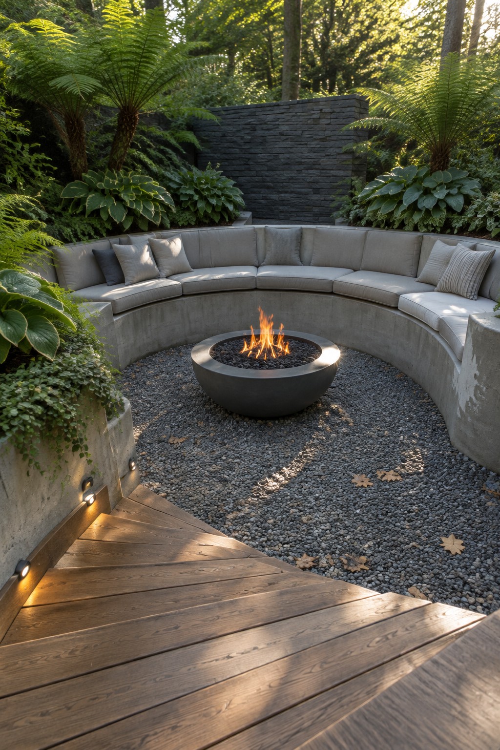 A curved concrete retaining wall with built-in seating surrounds a round fire pit on a gravel patio, with wooden steps leading down and ferns and hostas along the edges.