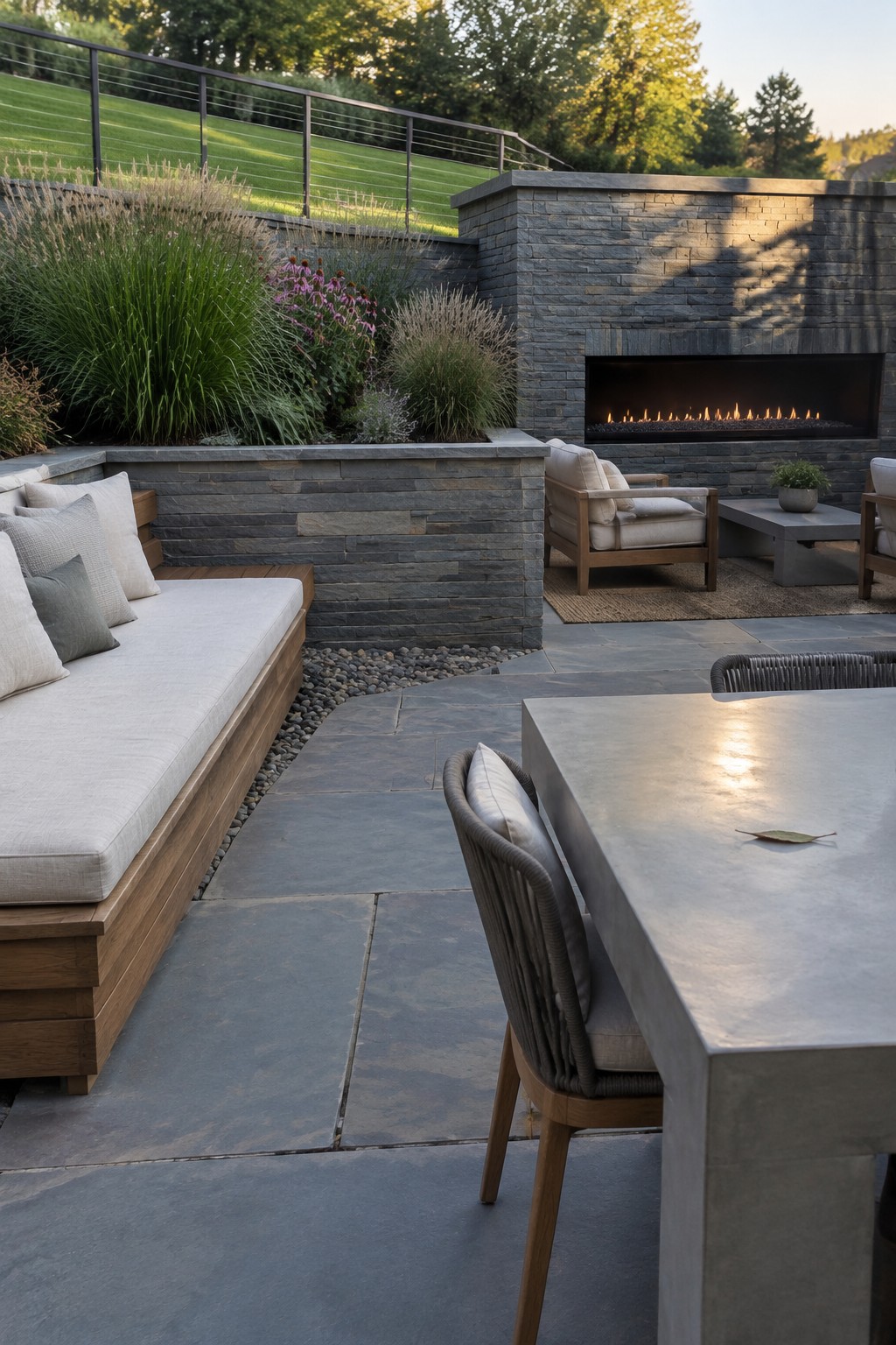 An outdoor patio with a stone retaining wall containing a built-in fireplace, a long cushioned wooden bench, and a concrete dining table on pavers.