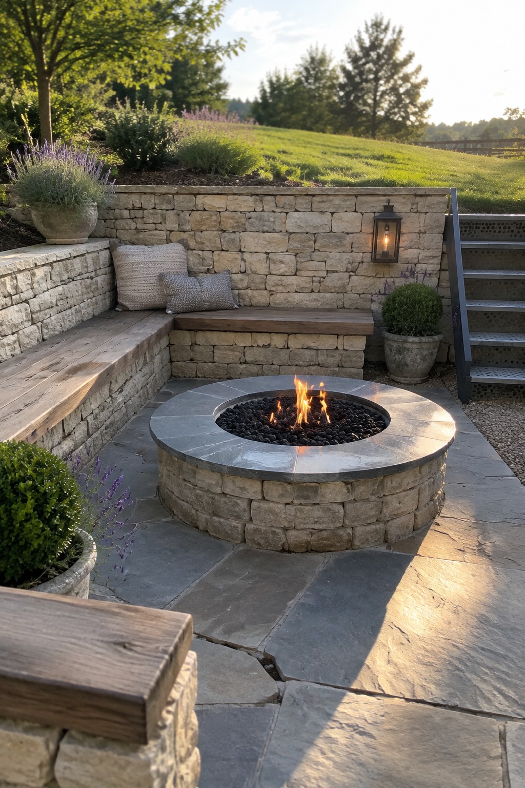 A circular stone fire pit with a surrounding patio and built-in wooden benches set against a low stone retaining wall on a sloped yard.