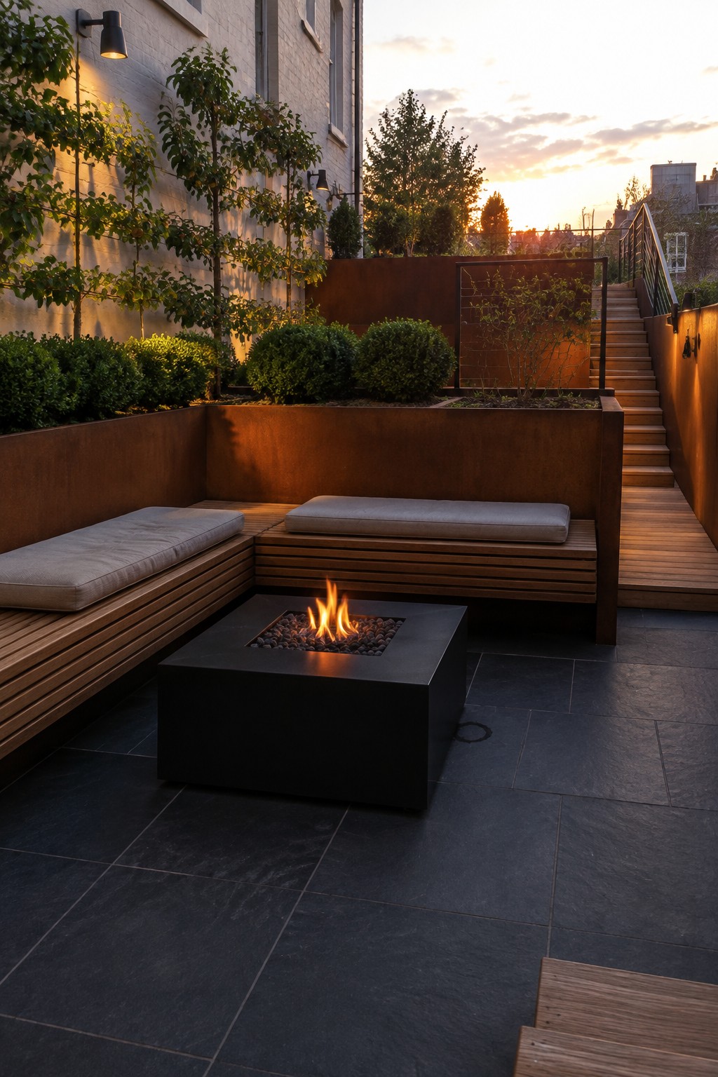 An outdoor patio with a square fire pit, built-in wooden benches with cushions, and rusted metal retaining walls holding back plants and trees on a sloped site.