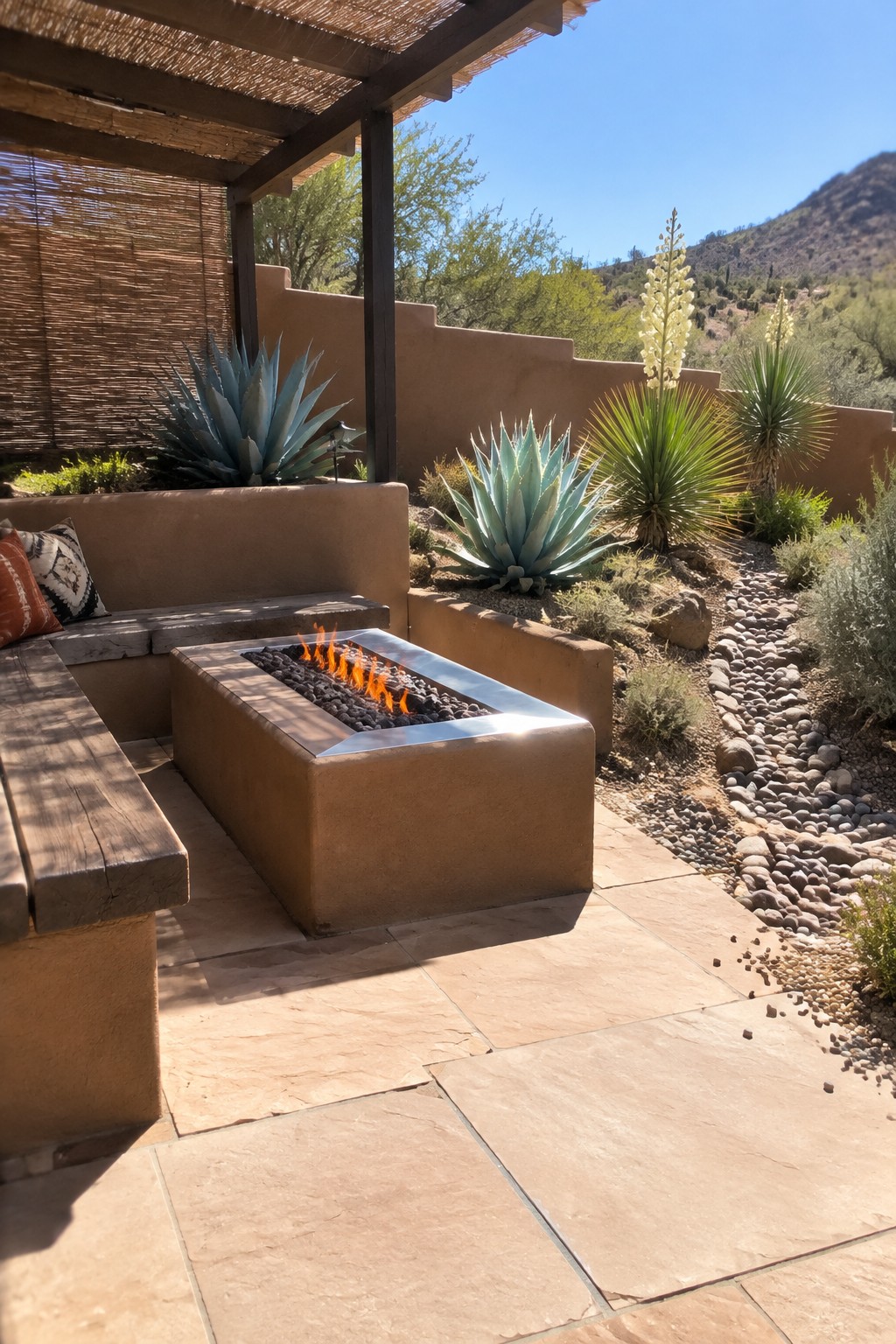 A rectangular metal fire pit set in a stucco retaining wall structure with wooden benches, desert plants, and a gravel path on a sunny hillside.