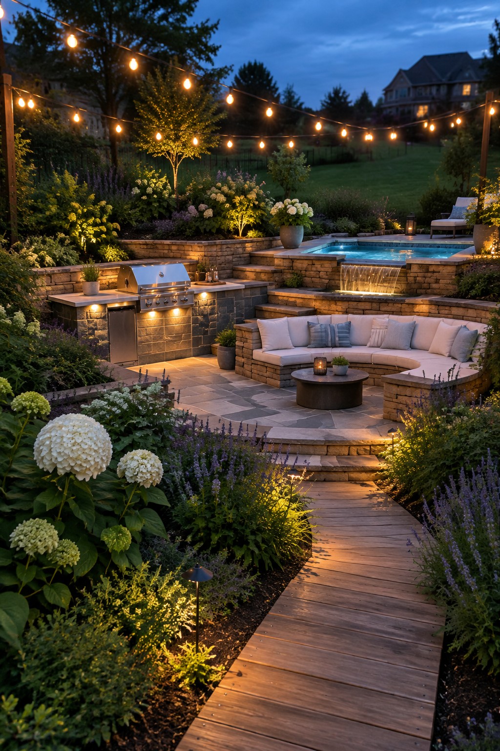A multi-level backyard patio with curved built-in seating, an outdoor kitchen, and a small pool, constructed using stone retaining walls on a sloped site.