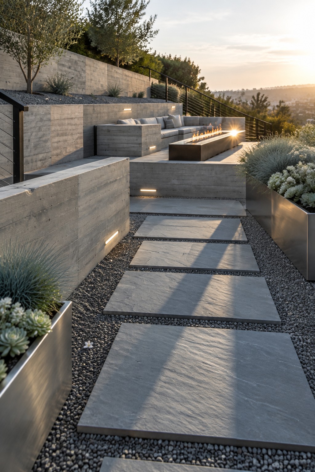 A terraced hillside patio with concrete retaining walls, built-in seating, a rectangular fire pit, and stone paver steps set in gravel.