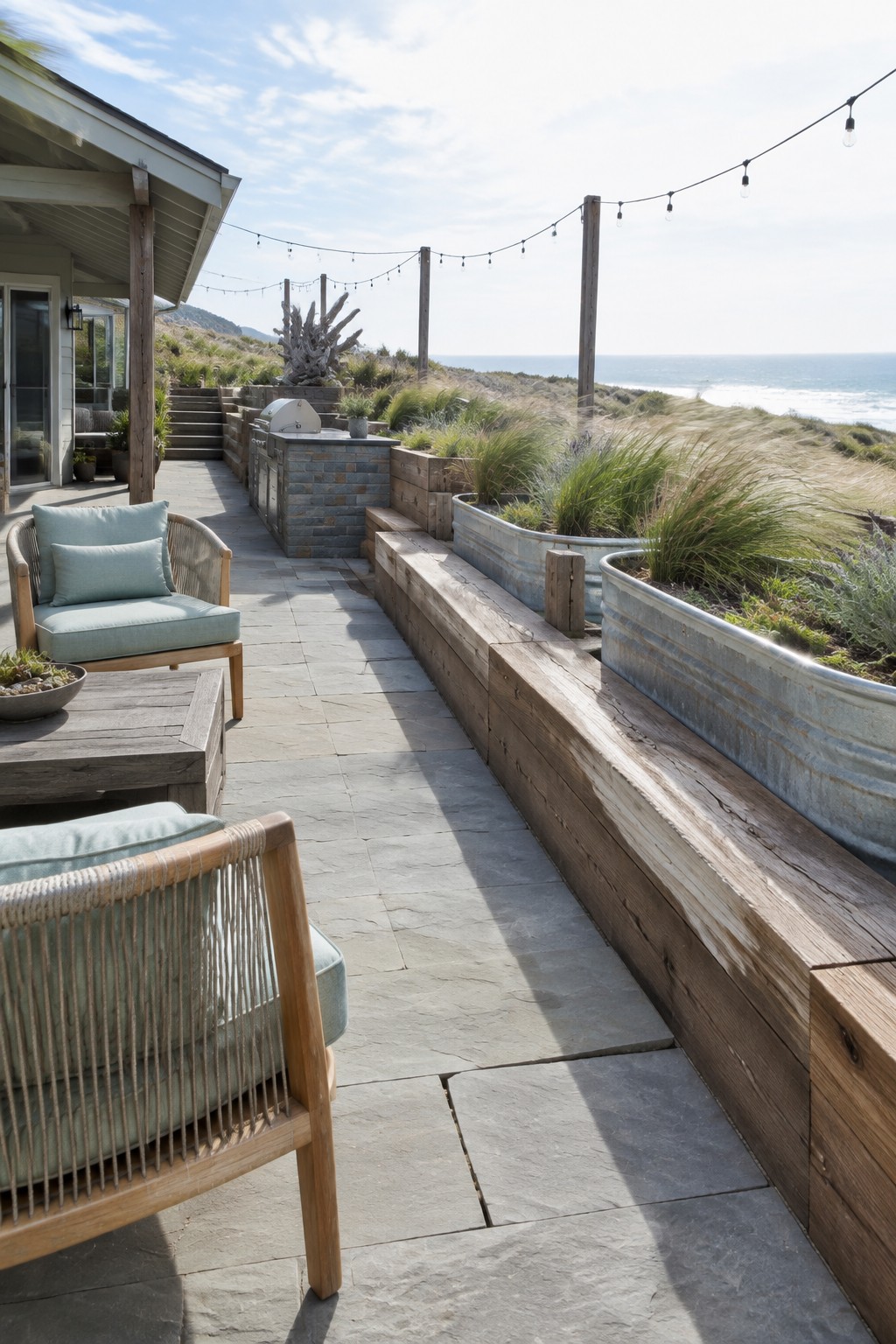 Coastal stone patio with blue-cushioned chairs, wooden bench, metal planters, and ocean view.