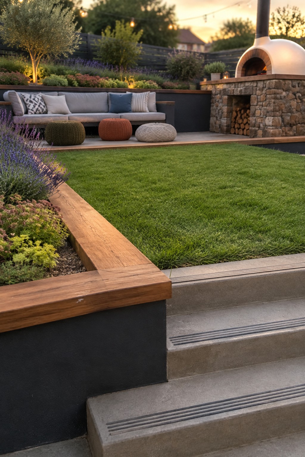 A backyard patio with a dark retaining wall topped in wood holding gray cushioned seating, three round poufs on the patio, a stone pizza oven on the right, and concrete steps leading up from a green lawn.
