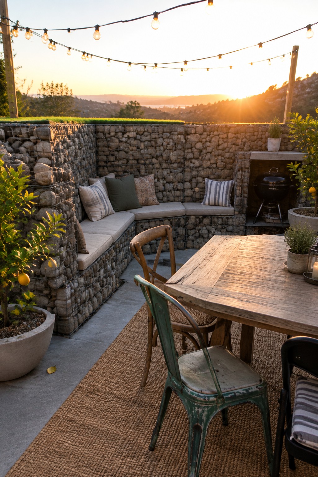 A patio area with stone-filled gabion retaining walls forming a built-in bench with cushions, a wooden table, and string lights overhead.