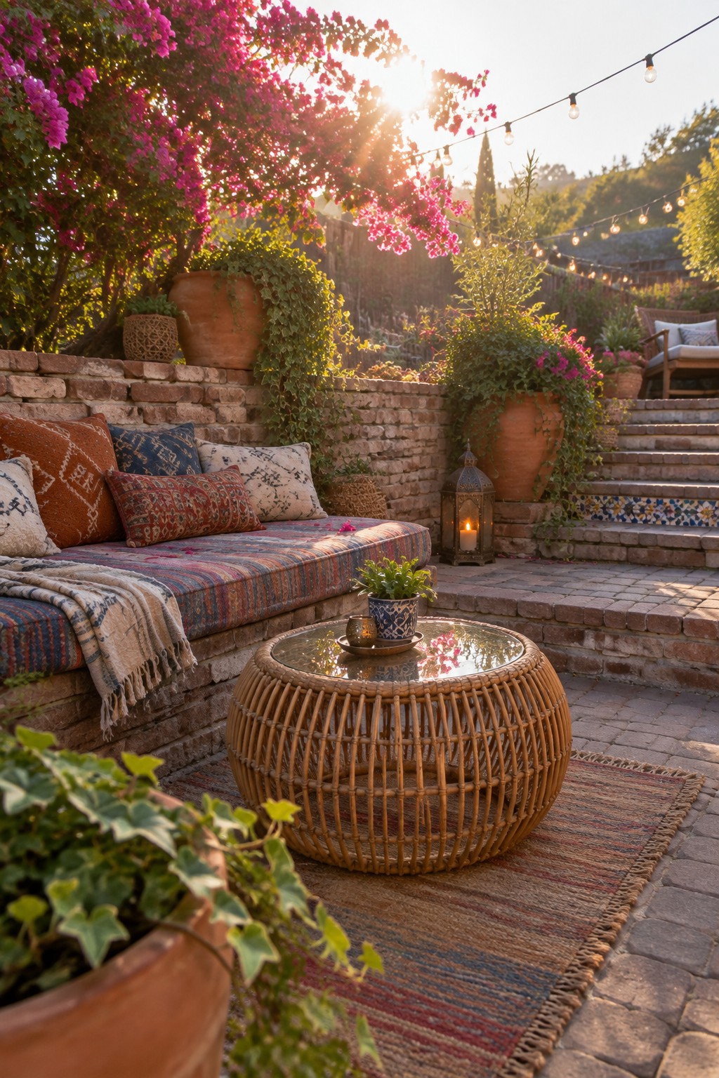A brick retaining wall with built-in cushioned bench seating, a round wicker coffee table on a striped rug, potted plants, and string lights in a sloped backyard patio at sunset.