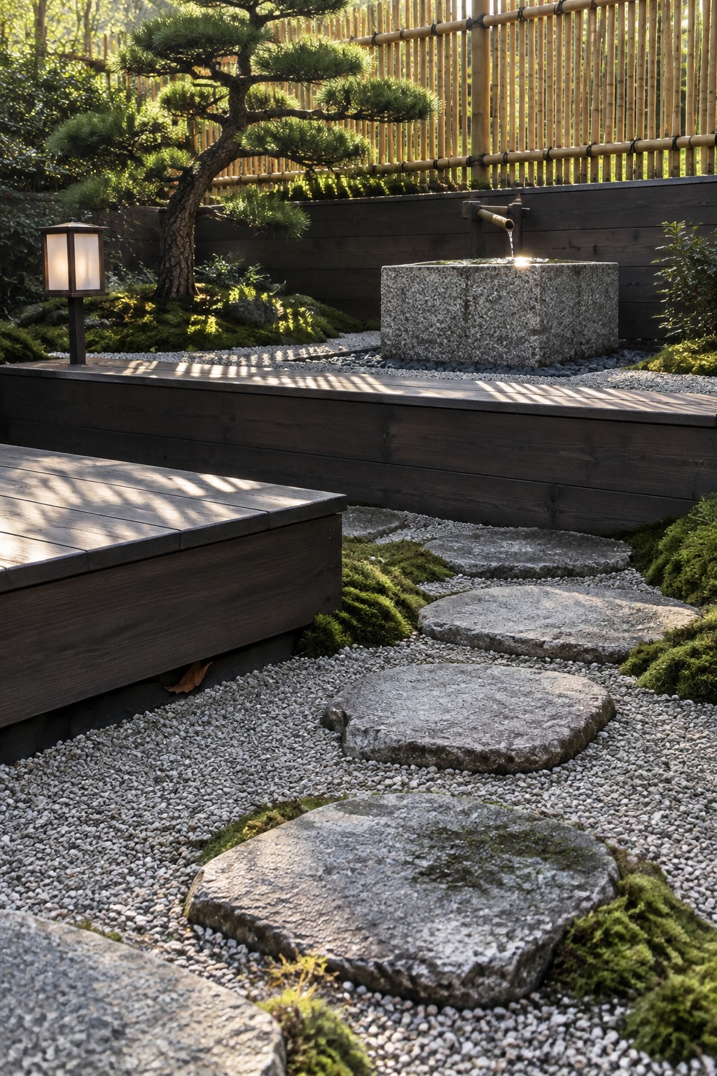 A garden with wooden retaining walls forming level platforms, gravel paths with large stone stepping stones, a stone water basin with a spout, and a wooden deck area beside moss and a pine tree.